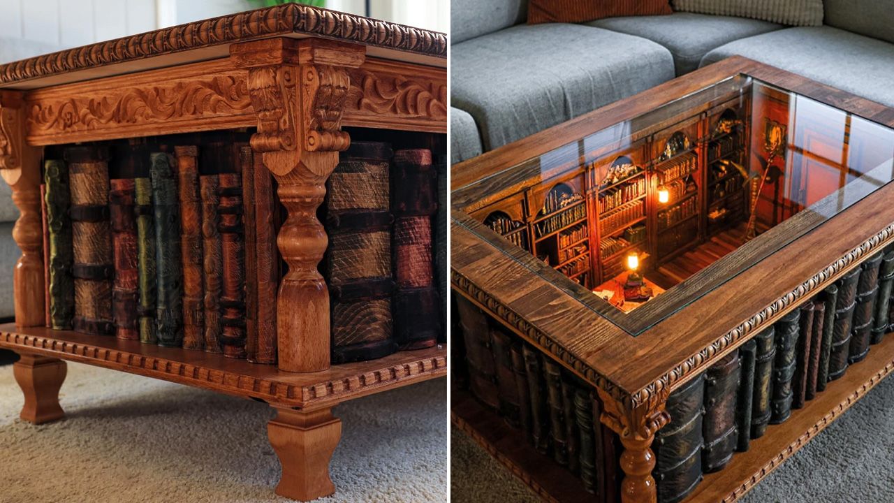 Coffee Table With Miniature Magical Wizard’s Library Inside - 10
